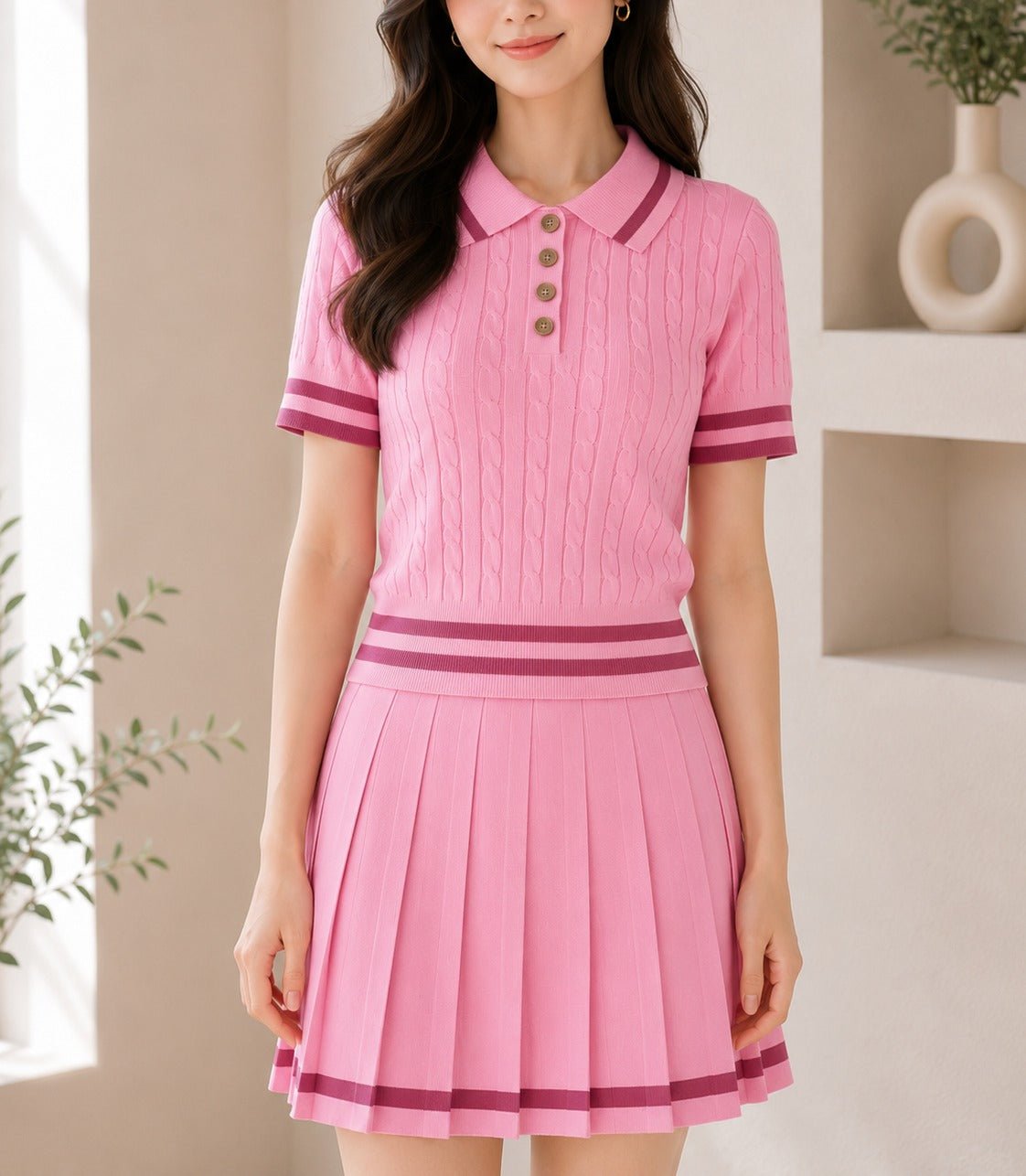 Ladies Two Piece Knit Jersey Golfer And Pleated Skirt -Pink - StylePhase SA