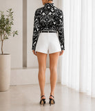 Ladies Two-Piece Wrap Shorts And Floral Shirt-White - StylePhase SA