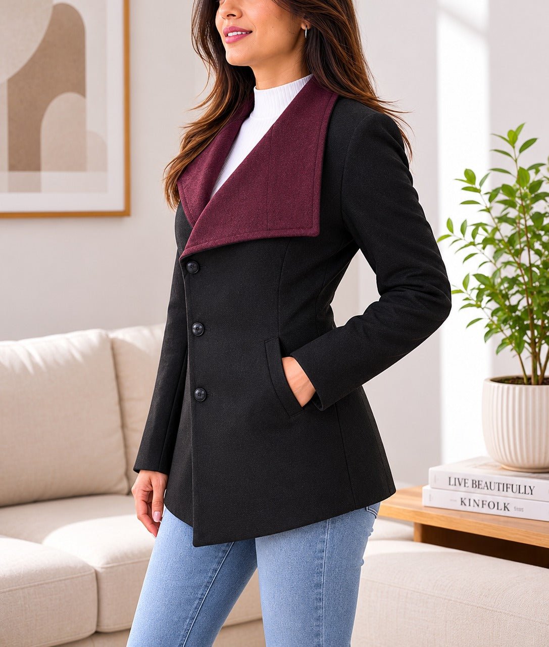 Ladies Two Tone Slim Fit Blazer Coat - Maroon And Black - StylePhase SA