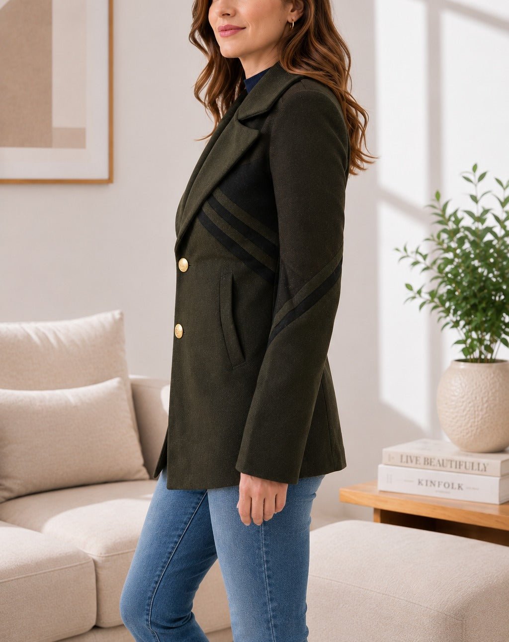 Ladies Two Tone Slim Fit Blazer Coat - Olive And Black - StylePhase SA