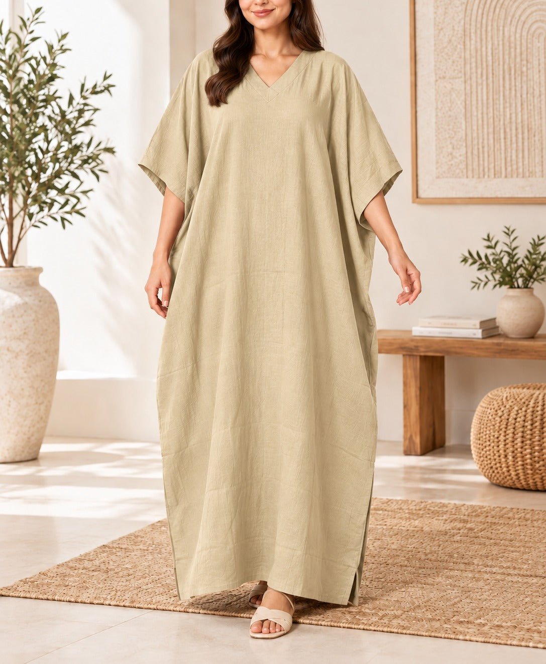 Ladies V-neck Kaftan -Beige - StylePhase SA