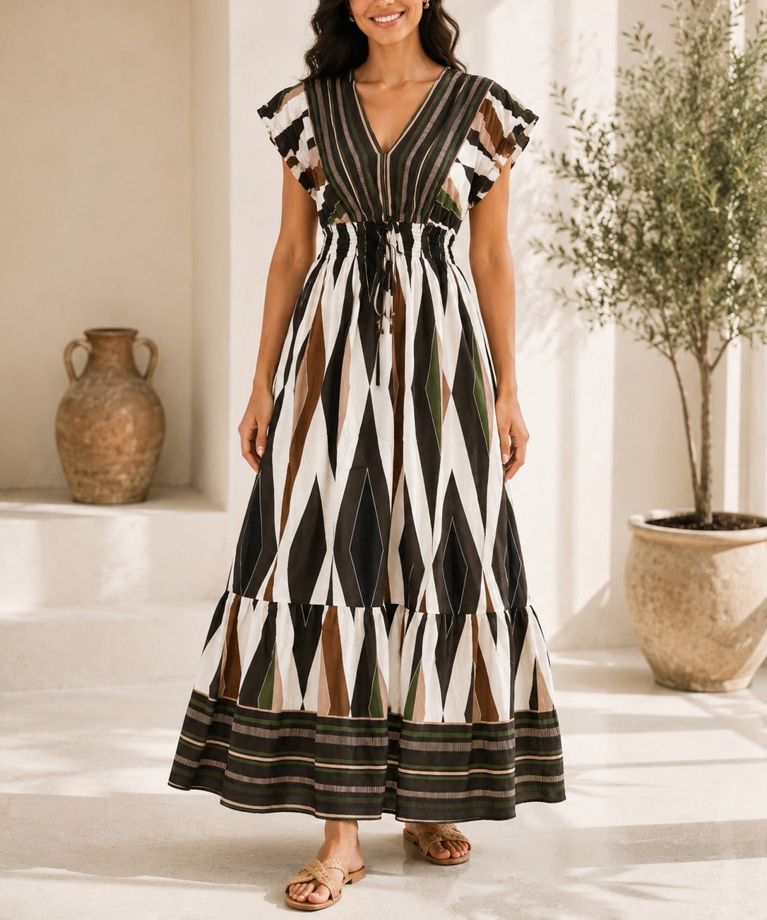 Ladies V Neck Maxi Dress -Brown - StylePhase SA