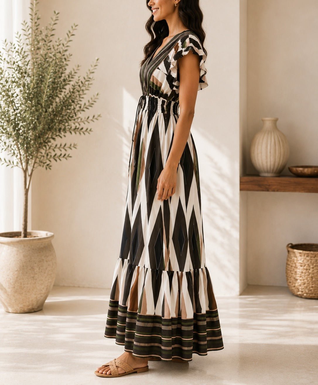 Ladies V Neck Maxi Dress -Brown - StylePhase SA