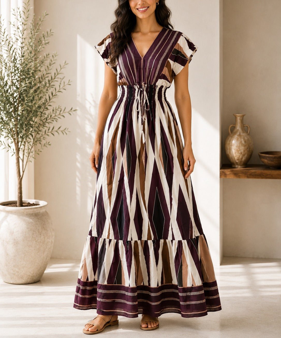 Ladies V Neck Maxi Dress -Maroon - StylePhase SA