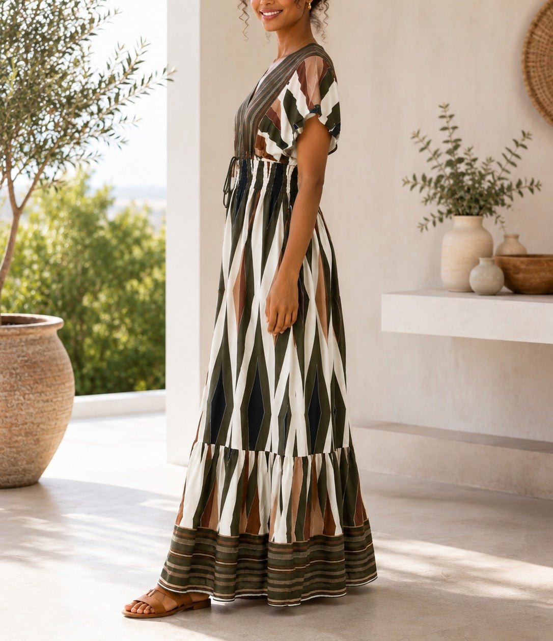 Ladies V Neck Maxi Dress -Olive - StylePhase SA