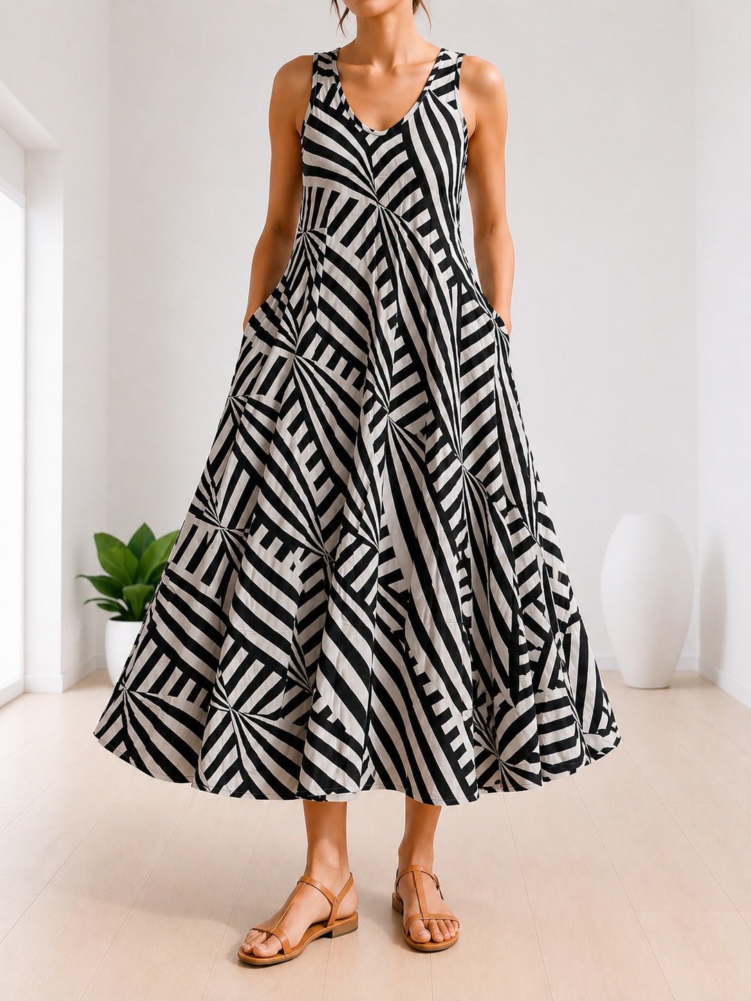 Ladies V-Neck Sleeveless Cream And Black Patterned Dress - StylePhase SA