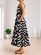 Ladies V-Neck Sleeveless Cream And Black Patterned Dress - StylePhase SA