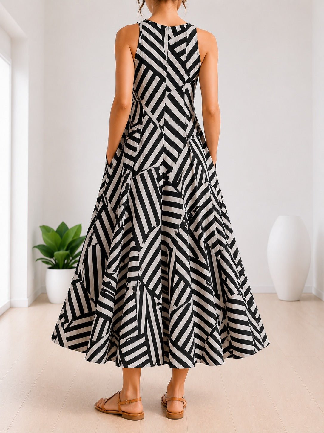 Ladies V-Neck Sleeveless Cream And Black Patterned Dress - StylePhase SA