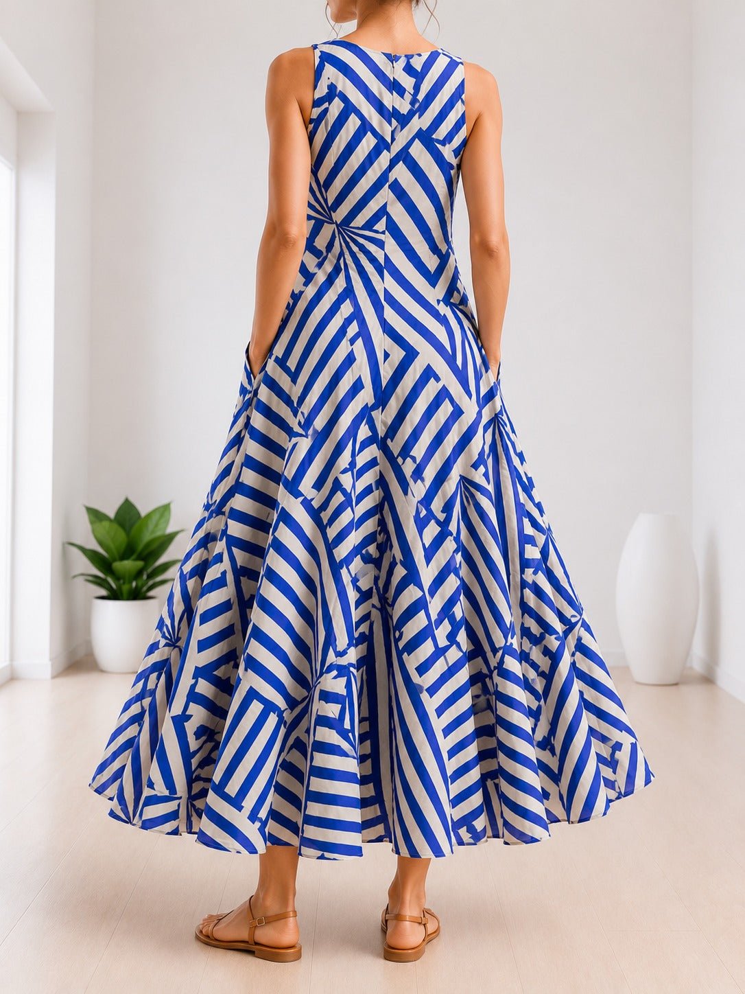 Ladies V-Neck Sleeveless Cream And Blue Patterned Dress - StylePhase SA