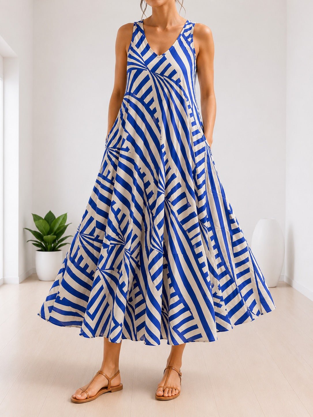 Ladies V-Neck Sleeveless Cream And Blue Patterned Dress - StylePhase SA