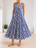 Ladies V-Neck Sleeveless Cream And Blue Patterned Dress - StylePhase SA