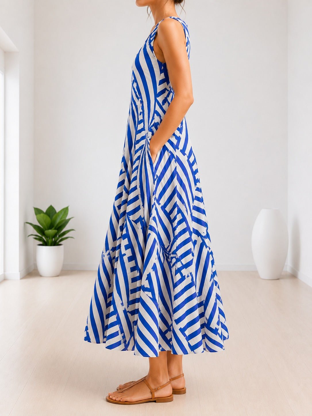 Ladies V-Neck Sleeveless Cream And Blue Patterned Dress - StylePhase SA