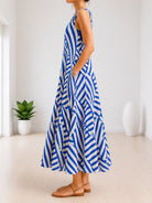 Ladies V-Neck Sleeveless Cream And Blue Patterned Dress - StylePhase SA