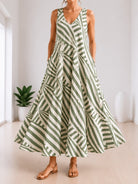 Ladies V-Neck Sleeveless Green And White Patterned Dress - StylePhase SA
