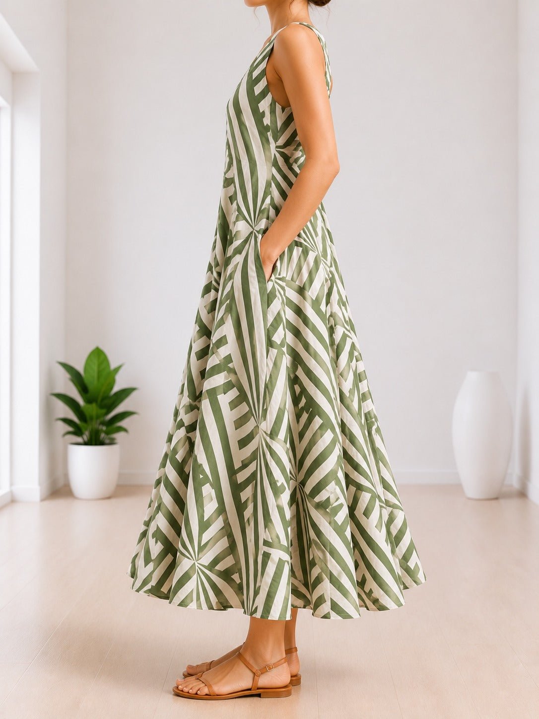 Ladies V-Neck Sleeveless Green And White Patterned Dress - StylePhase SA