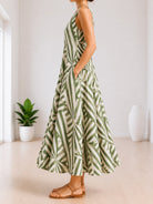 Ladies V-Neck Sleeveless Green And White Patterned Dress - StylePhase SA
