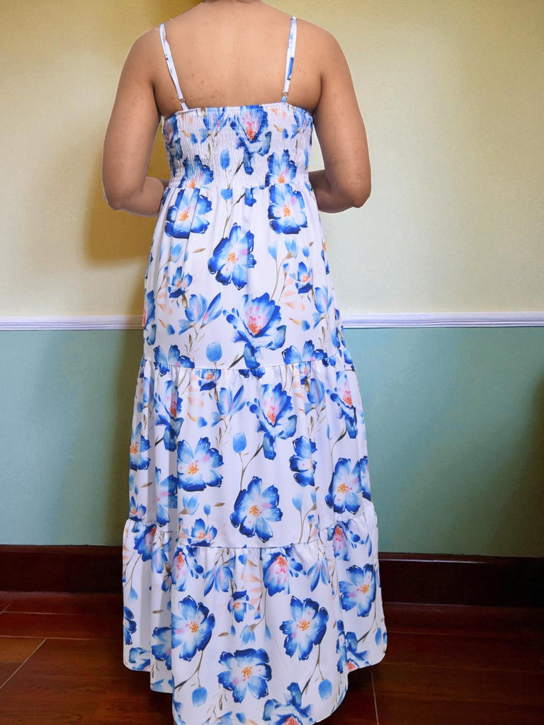 Ladies V Neck Strappy Maxi Dress - Blue Floral - StylePhase SA