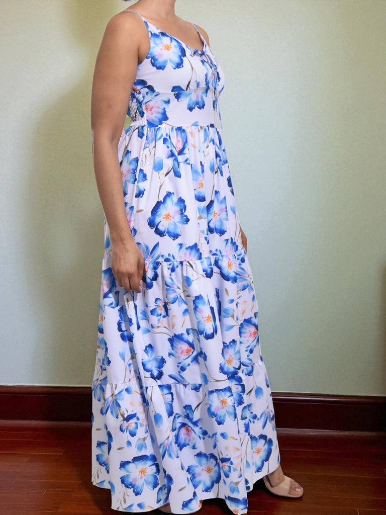 Ladies V Neck Strappy Maxi Dress - Blue Floral - StylePhase SA