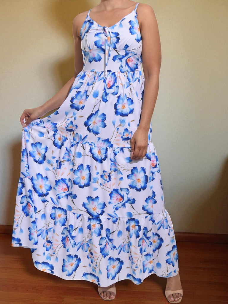Ladies V Neck Strappy Maxi Dress - Blue Floral - StylePhase SA