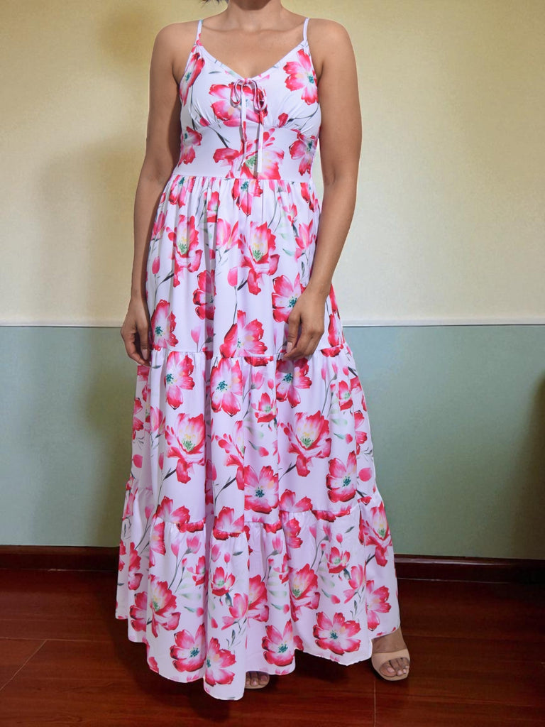 Ladies V Neck Strappy Maxi Dress - Pink Floral - StylePhase SA
