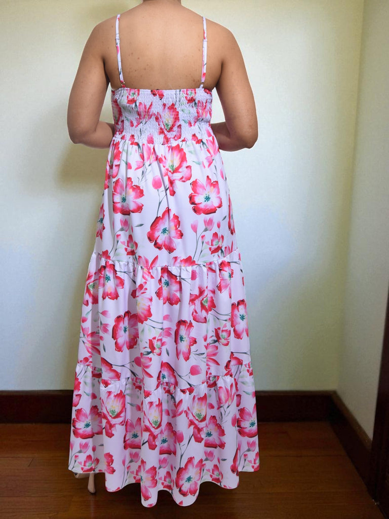 Ladies V Neck Strappy Maxi Dress - Pink Floral - StylePhase SA