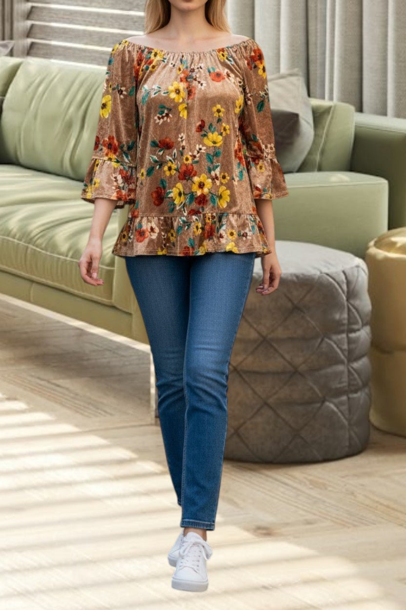 Ladies Velour Brown Floral Top - StylePhase SA