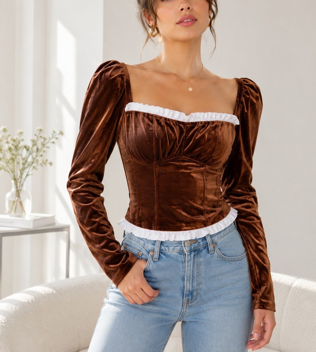 Ladies Velour Corset New Feeling Top-Brown - StylePhase SA