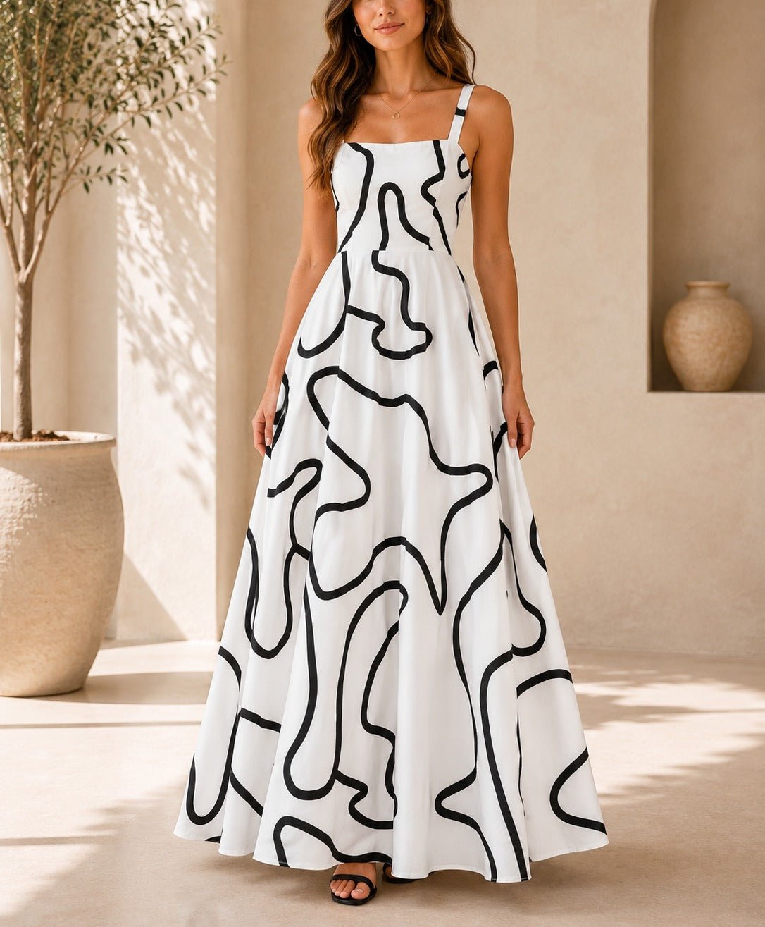 Ladies White And Black A-Line Cami Maxi Dress - StylePhase SA
