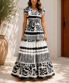Ladies White And Black Patterned Tiered Maxi Dress - StylePhase SA