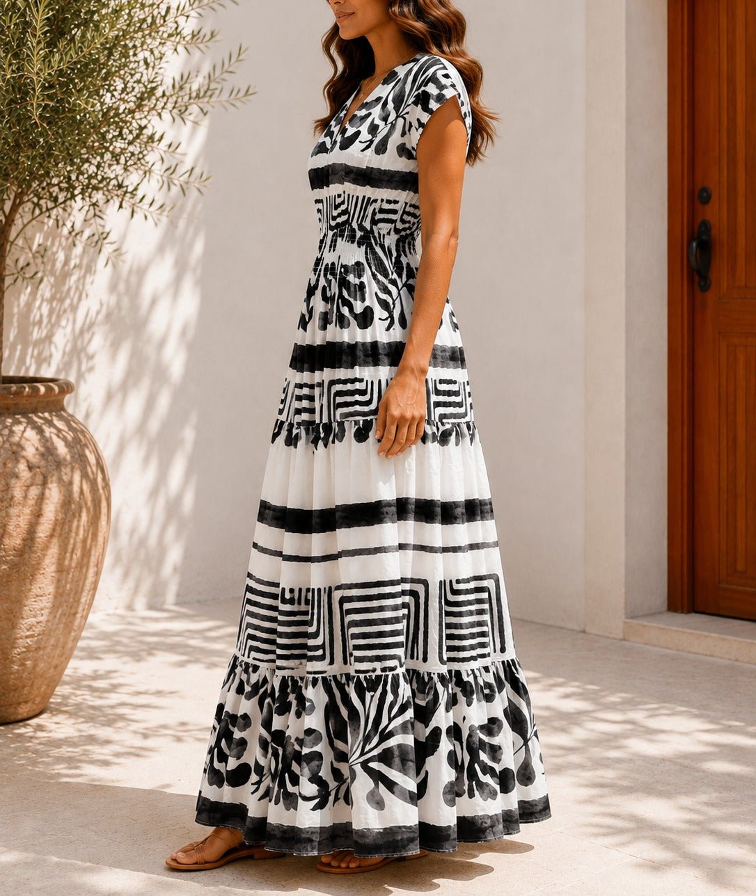 Ladies White And Black Patterned Tiered Maxi Dress - StylePhase SA