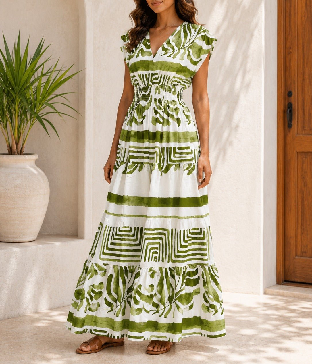 Ladies White And Green Patterned Tiered Maxi Dress - StylePhase SA