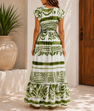 Ladies White And Green Patterned Tiered Maxi Dress - StylePhase SA
