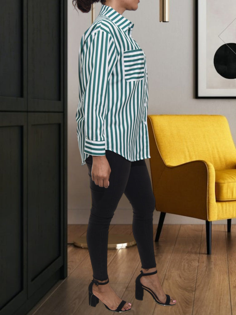 Ladies White And Green Stripe Shirt - StylePhase SA