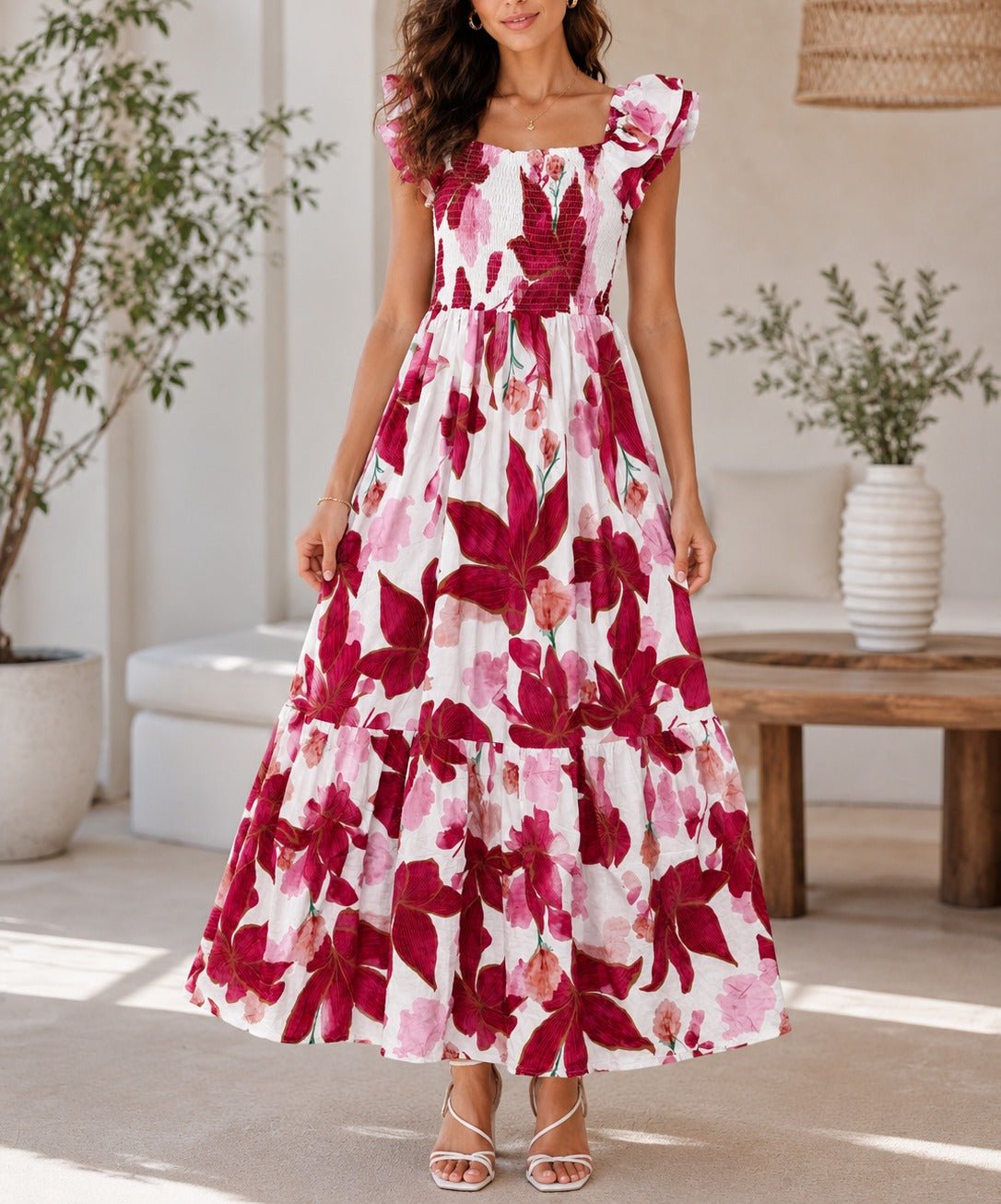 Ladies White And Magenta Floral Frill Maxi Dress - StylePhase SA
