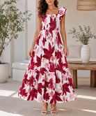 Ladies White And Magenta Floral Frill Maxi Dress - StylePhase SA