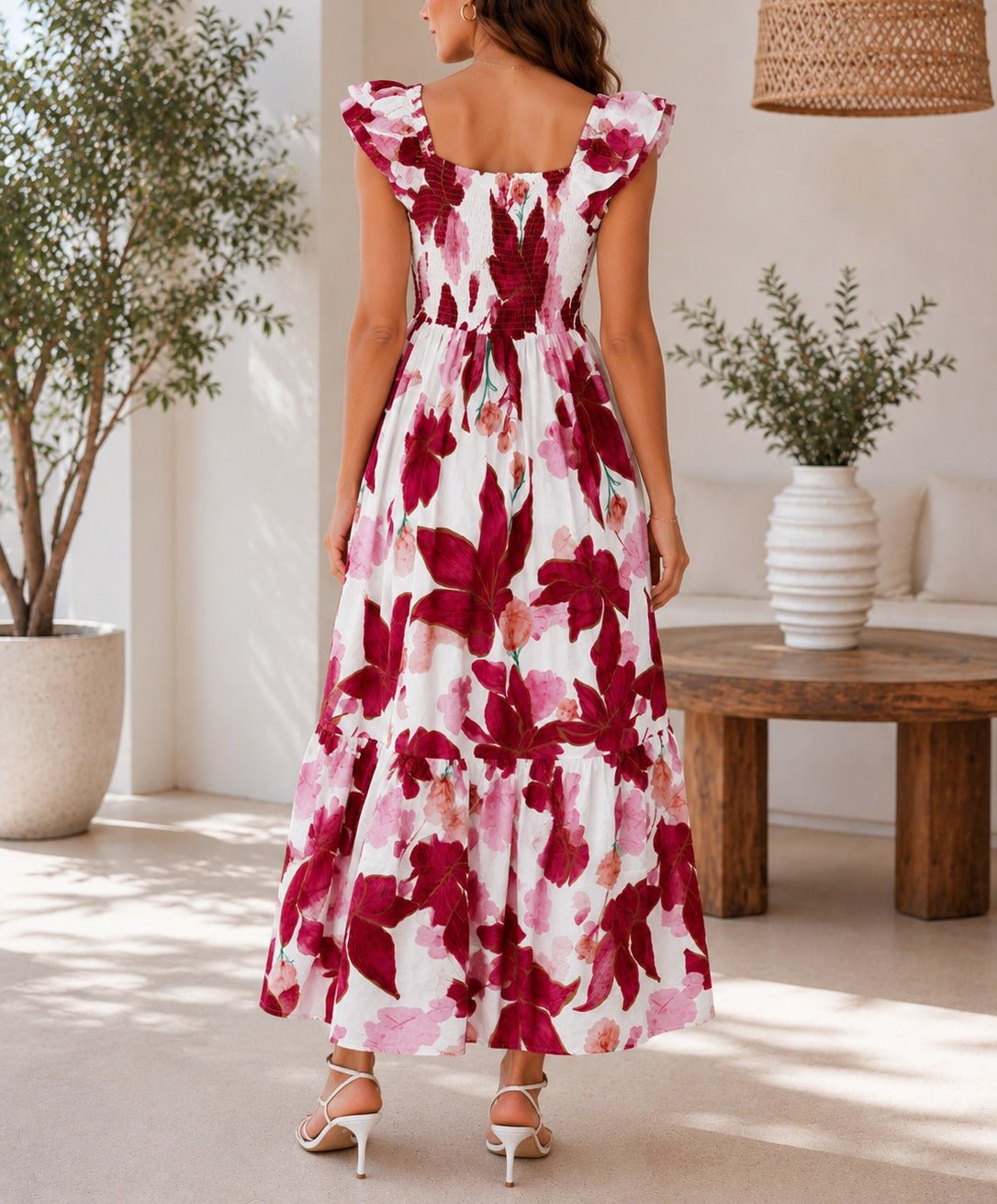 Ladies White And Magenta Floral Frill Maxi Dress - StylePhase SA