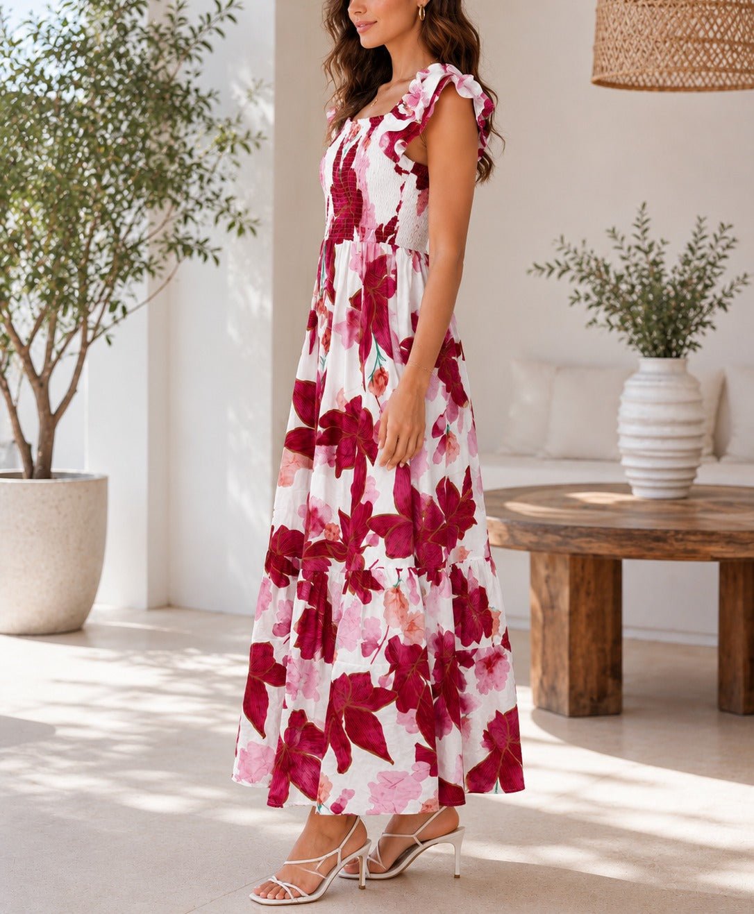 Ladies White And Magenta Floral Frill Maxi Dress - StylePhase SA