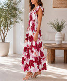 Ladies White And Magenta Floral Frill Maxi Dress - StylePhase SA