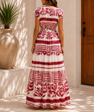 Ladies White And Maroon Patterned Tiered Maxi Dress - StylePhase SA