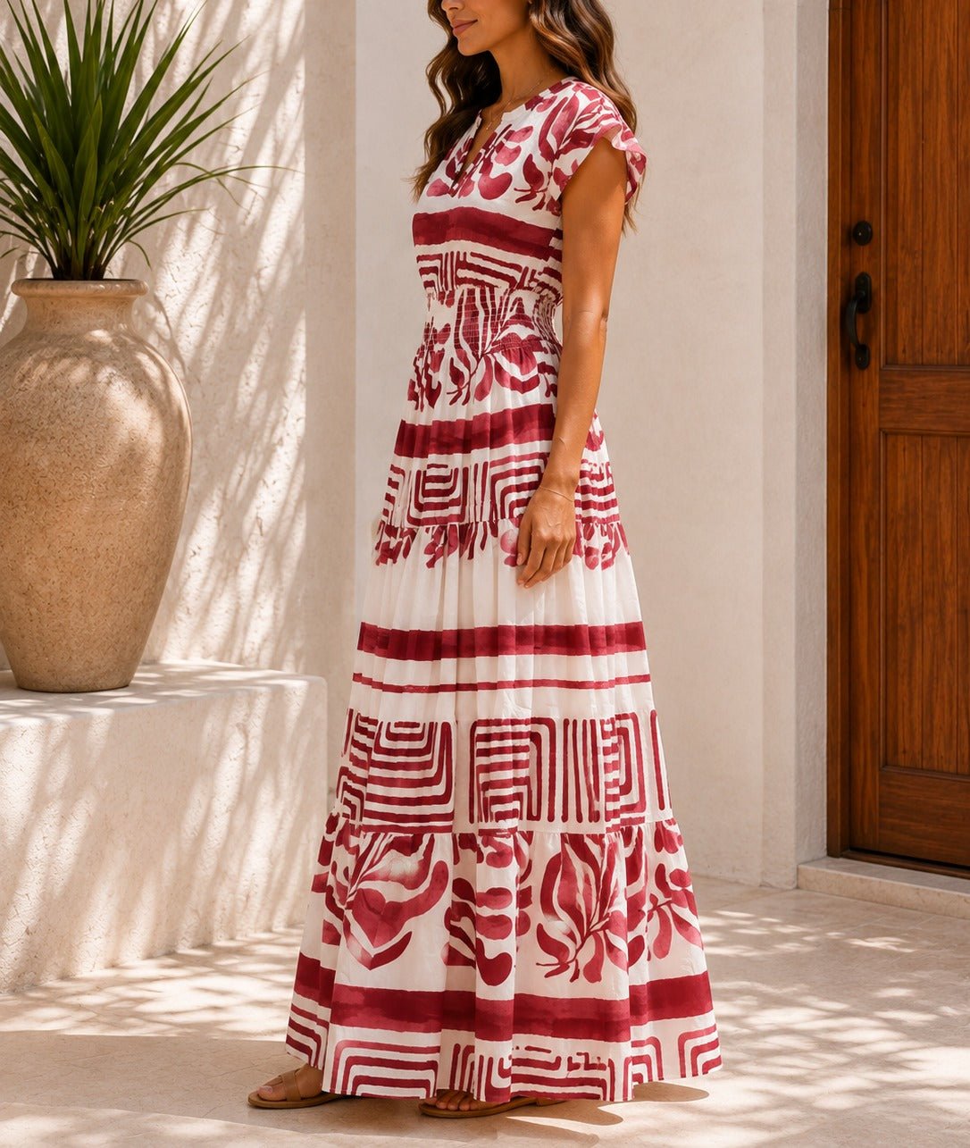 Ladies White And Maroon Patterned Tiered Maxi Dress - StylePhase SA