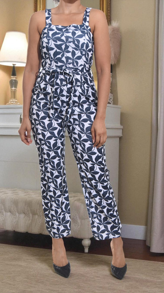 Ladies White and Navy Tie Front Jumpsuit - StylePhase SA