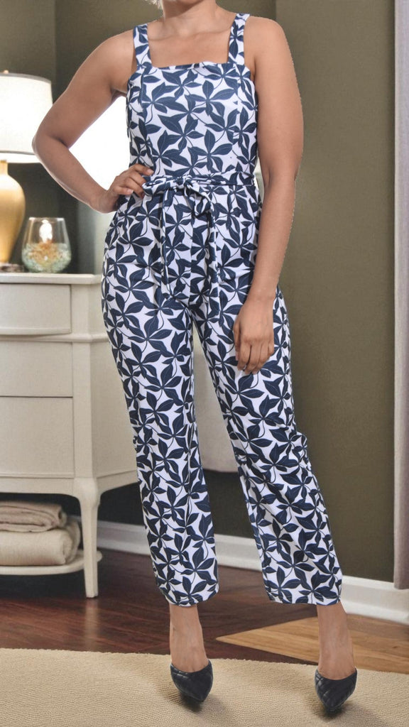Ladies White and Navy Tie Front Jumpsuit - StylePhase SA
