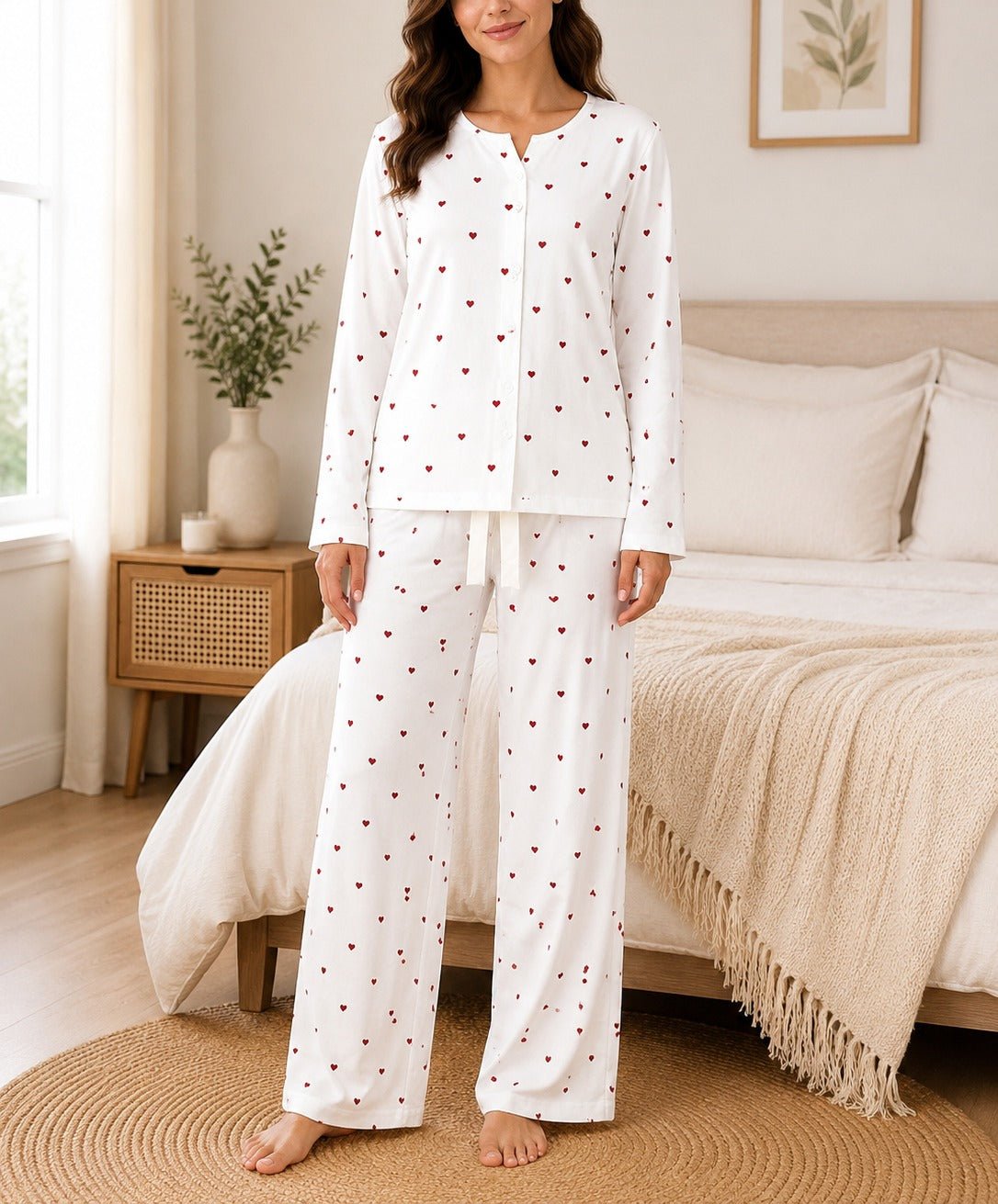 Ladies White And Red Heart Button Pyjama - StylePhase SA