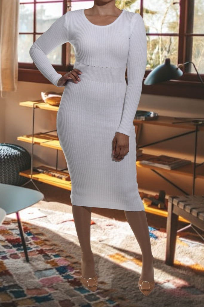 Ladies White Bodycon Long Sleeve Dress - Jersey Rib - StylePhase SA