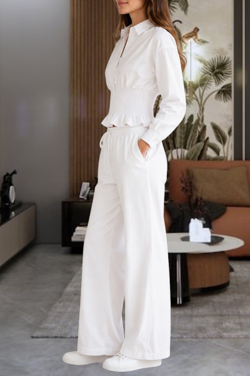 Ladies White Button Ruffel Two Piece Set - StylePhase SA
