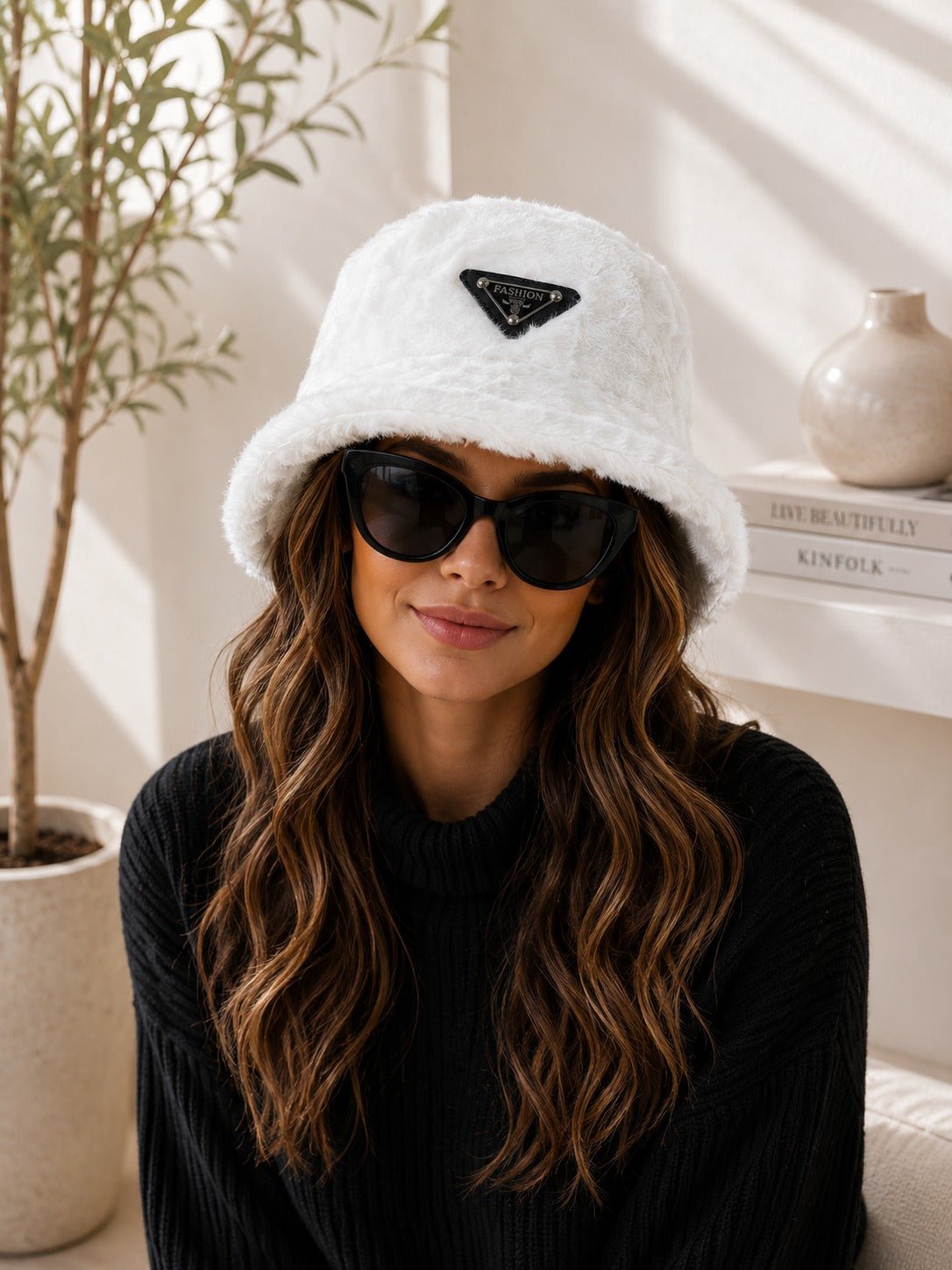 Ladies White Faux Fur Bucket Hat - StylePhase SA