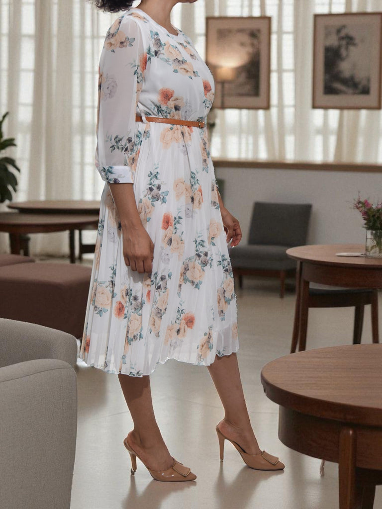 Ladies White Floral Chiffon Dress - StylePhase SA