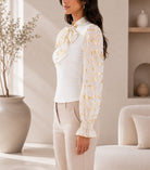 Ladies White Floral Print Tie Neck Mesh Sleeve Top - StylePhase SA
