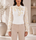 Ladies White Floral Print Tie Neck Mesh Sleeve Top - StylePhase SA