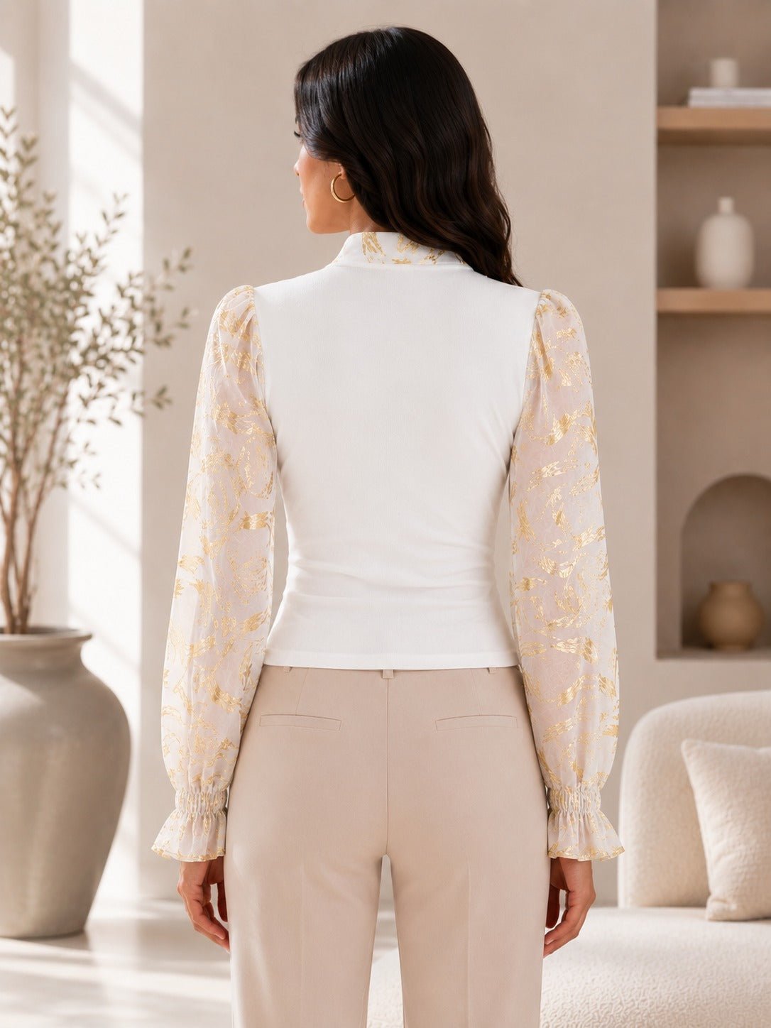 Ladies White Floral Print Tie Neck Mesh Sleeve Top - StylePhase SA